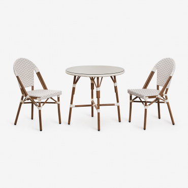 Round Table Set Ø80 Cm And 2 Stackable Dining Chairs In Aluminum And Synthetic Rattan Brielle Bistro Nude Beige - Gardenia White - Sklum