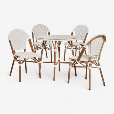 Set Of Round Table Ø80 Cm And 4 Stackable Dining Chairs In Aluminum Brielle Bistro Nude Beige - Gardenia White - Sklum