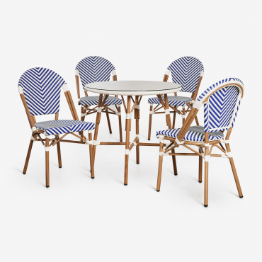 Round Table Set Ø80 Cm And 4 Stackable Dining Chairs In Aluminum And Synthetic Rattan Brielle Bistro Ken Blue - Gardenia White - Sklum