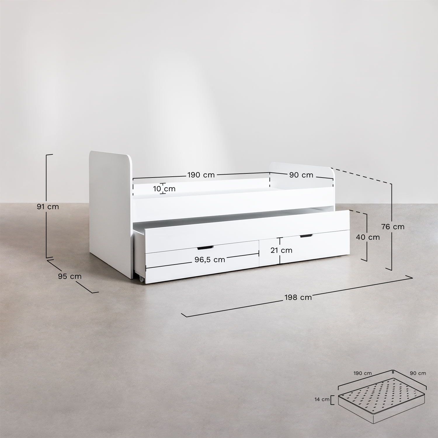 Bed for 90x190 cm mattress with 3 MDF drawers Janete, MEASURES