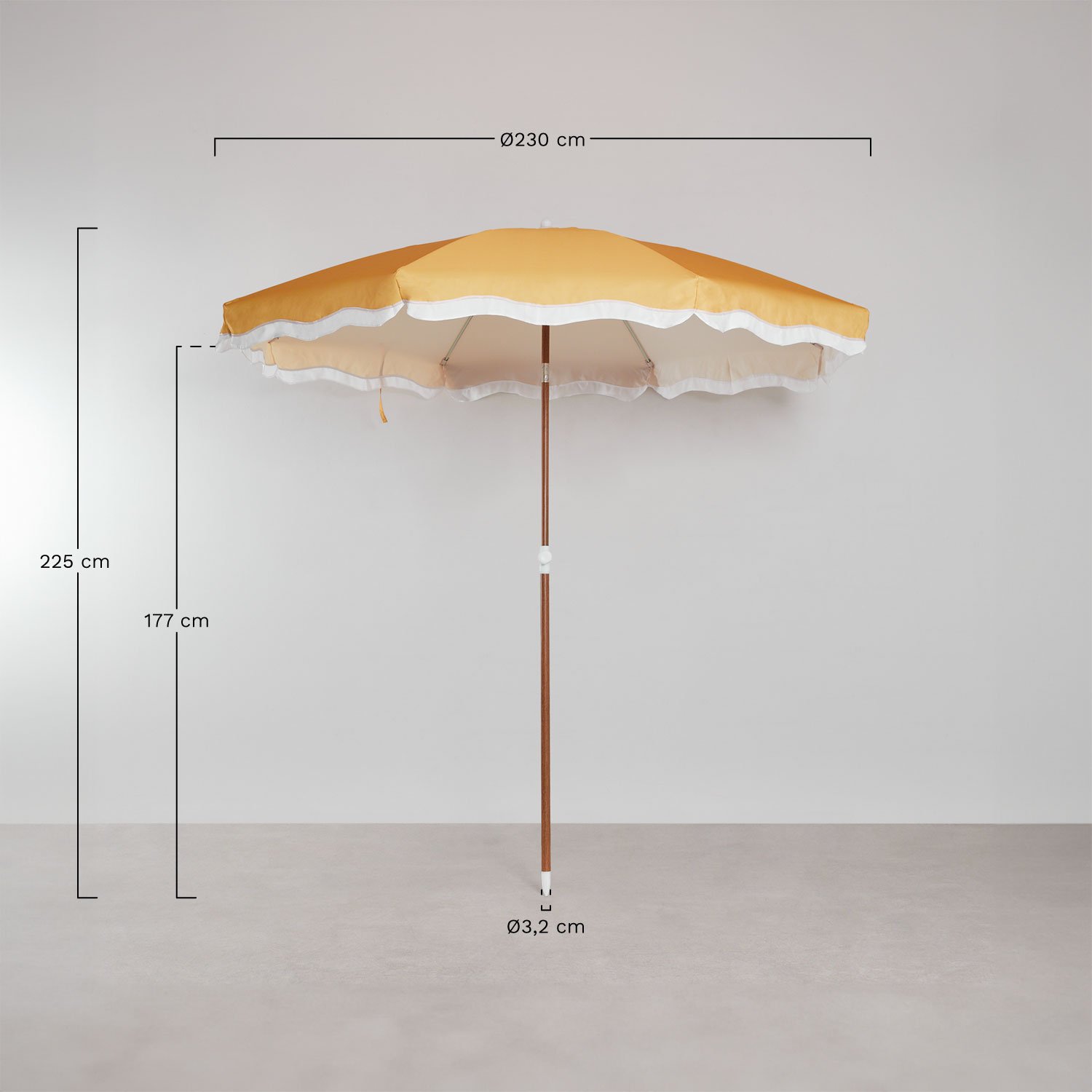 Jarko parasol Ø230 cm in fabric and steel, MEASURES