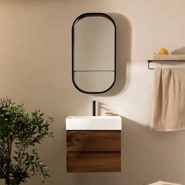 Bathroom Furniture Set In Wood And Ash Veneer With Integrated Ona Washbasin Dark Brown Wood & Oval With Shelf Black 50x90 Cm Warien & Black - Sklum