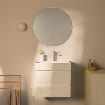 Bathroom Furniture Set In Wood And Ash Veneer With Integrated Ona Washbasin White & Round Led And Antifog Ø70 Cm Solyn & White ↑20 - Sklum