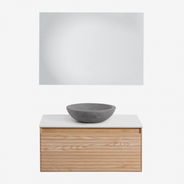 Tedrik Ash Wood Bathroom Furniture Set Brown Ash & Round Grey Cement Ø40 Cm Tarsis & Rectangular Led And Anti-fog 100x70 Cm Tamsin & Without Tap -