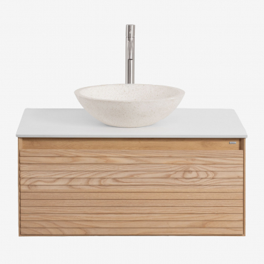 Tedrik Ash Wood Bathroom Furniture Set Brown Ash & Round Cement White Ø40 Cm Zavion & Mirrorless & Brushed Grey ↑30 Cm With - Sklum