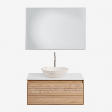 Tedrik Suspended Bathroom Furniture Set In Ash Wood Brown Ash & Round Cement White Ø40 Cm Zavion & Rectangular Led And Anti-fog 100x70 Cm Riben -