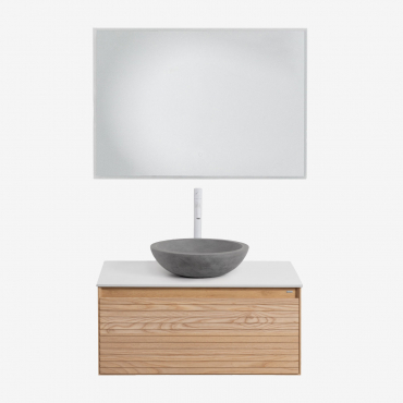 Tedrik Ash Wood Bathroom Furniture Set Brown Ash & Round Grey Cement Ø40 Cm Tarsis & Rectangular Led And Anti-fog 100x70 Cm Tamsin & - Sklum
