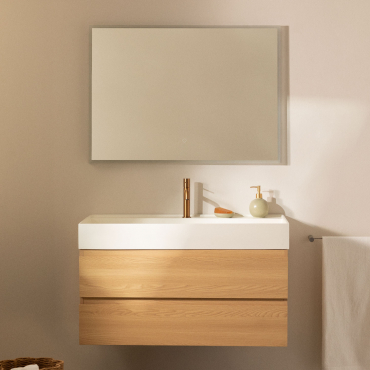 Bathroom Furniture Set In Wood And Ash Veneer With Integrated Ona Washbasin Natural Wood & Rectangular Led And Anti-fog 100x70 Cm Tamsin & - Sklum