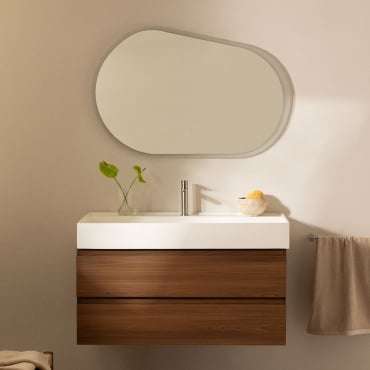 Bathroom Furniture Set In Wood And Ash Veneer With Integrated Ona Washbasin Dark Brown Wood & Oval Led And Anti-fog 100x65 Cm Meunier & Brass - Sklum