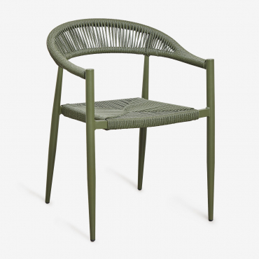 Pack Of 4 Stackable Dining Chairs With Armrests In Aluminium And Synthetic Rattan Amatria Deep Olive Green - Sklum