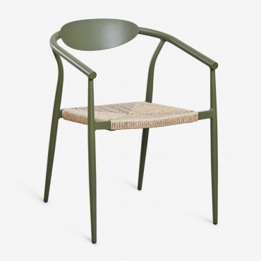 Pack Of 2 Stackable Dining Chairs With Armrests In Aluminum And Synthetic Rattan Marsha Deep Olive Green - Sklum