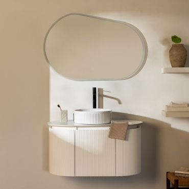 Carsone Wooden Bathroom Furniture Set White & Without Auxiliary Unit & Round Ceramic White Stripes Ø36 Cm Sinqua & Oval Led And Anti-fog 100x65 -