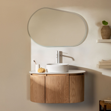 Carsone Suspended Wooden Bathroom Furniture Set Natural Wood & Without Auxiliary Unit & Round Ceramic White Stripes Ø36 Cm Sinqua & Oval Led - Sklum