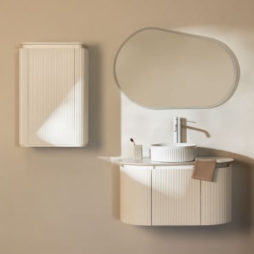 Carsone Wooden Bathroom Furniture Set White & White & Round Ceramic White Stripes Ø36 Cm Sinqua & Oval Led And Anti-fog 100x80 Cm Riben - Sklum