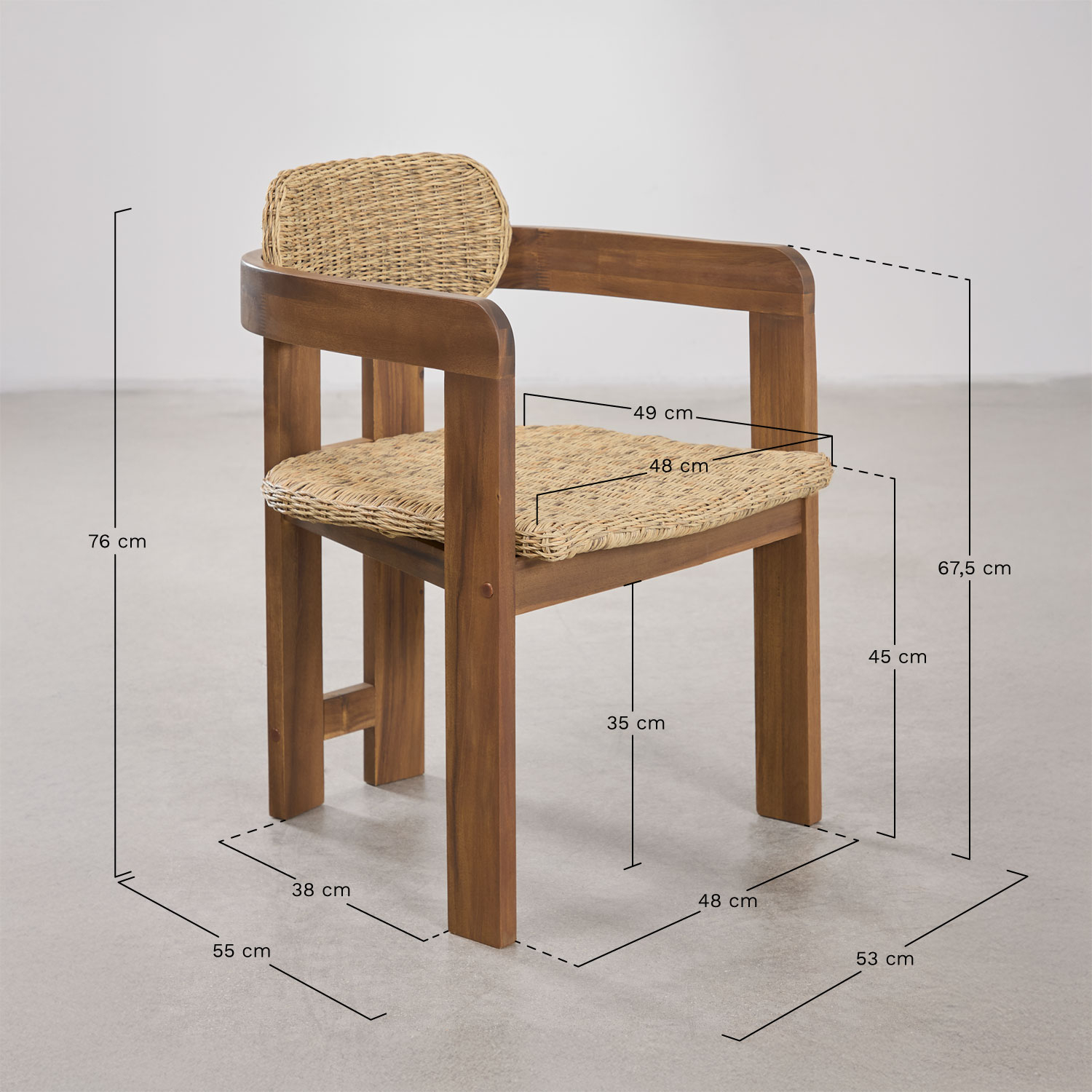 Pack of 2 garden chairs with armrests in acacia wood and synthetic rattan Ginara, MEASURES