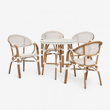 Set Of Round Table Ø80 Cm And 4 Stackable Chairs With Armrests In Textilene And Aluminium Brielle Bistro Gardenia White - Sklum
