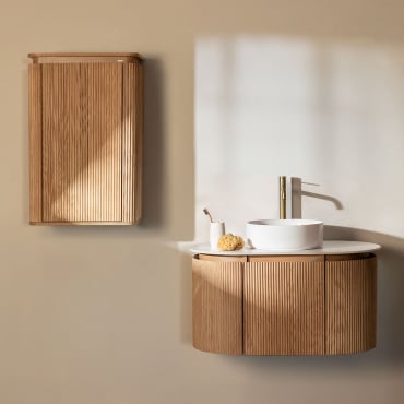 Carsone Wooden Bathroom Furniture Set Natural Wood & Natural Wood & Round Ceramic White Ø40 Cm Lenka & Mirrorless & Golden ↑30 Cm - Sklum