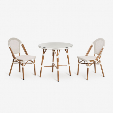 Round Table Set Ø80 Cm And 2 Stackable Chairs In Textilene And Aluminum Brielle Bistro Gardenia White - Sklum