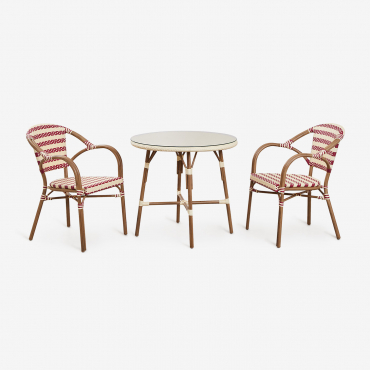Brielle Bistro Round Table Set Ø80 Cm And 2 Garden Chairs With Armrests In Synthetic Rattan And Aluminium Solange Bistro Beige Cream - Burgundy Red -