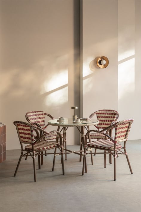Round Table Set Ø80 cm Brielle Bistro and 4 Chairs with Armrests in Synthetic Rattan and Aluminum Solange Bistro