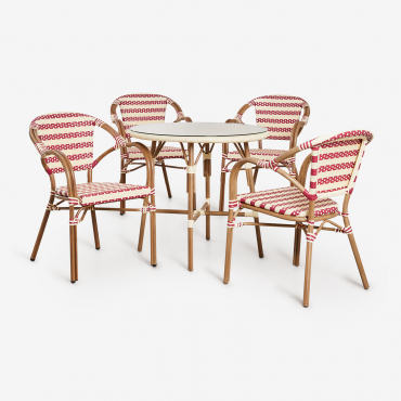 Round Table Set Ø80 Cm Brielle Bistro And 4 Chairs With Armrests In Synthetic Rattan And Aluminum Solange Bistro Beige Cream - Burgundy Red - Sklum