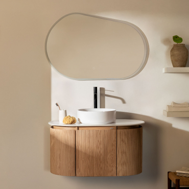 Carsone Wooden Bathroom Furniture Set Natural Wood & Without Auxiliary Unit & Round Ceramic White Ø40 Cm Lenka & Oval Led And Anti-fog 100x65 - Sklum