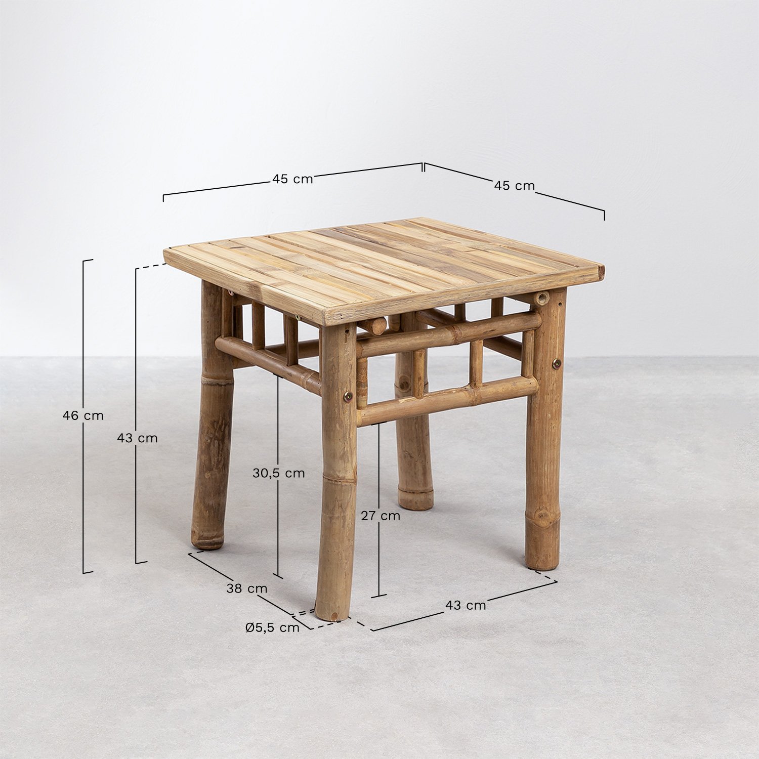 Square Garden Side Table 45x45 cm in Bamboo Jamaik, MEASURES