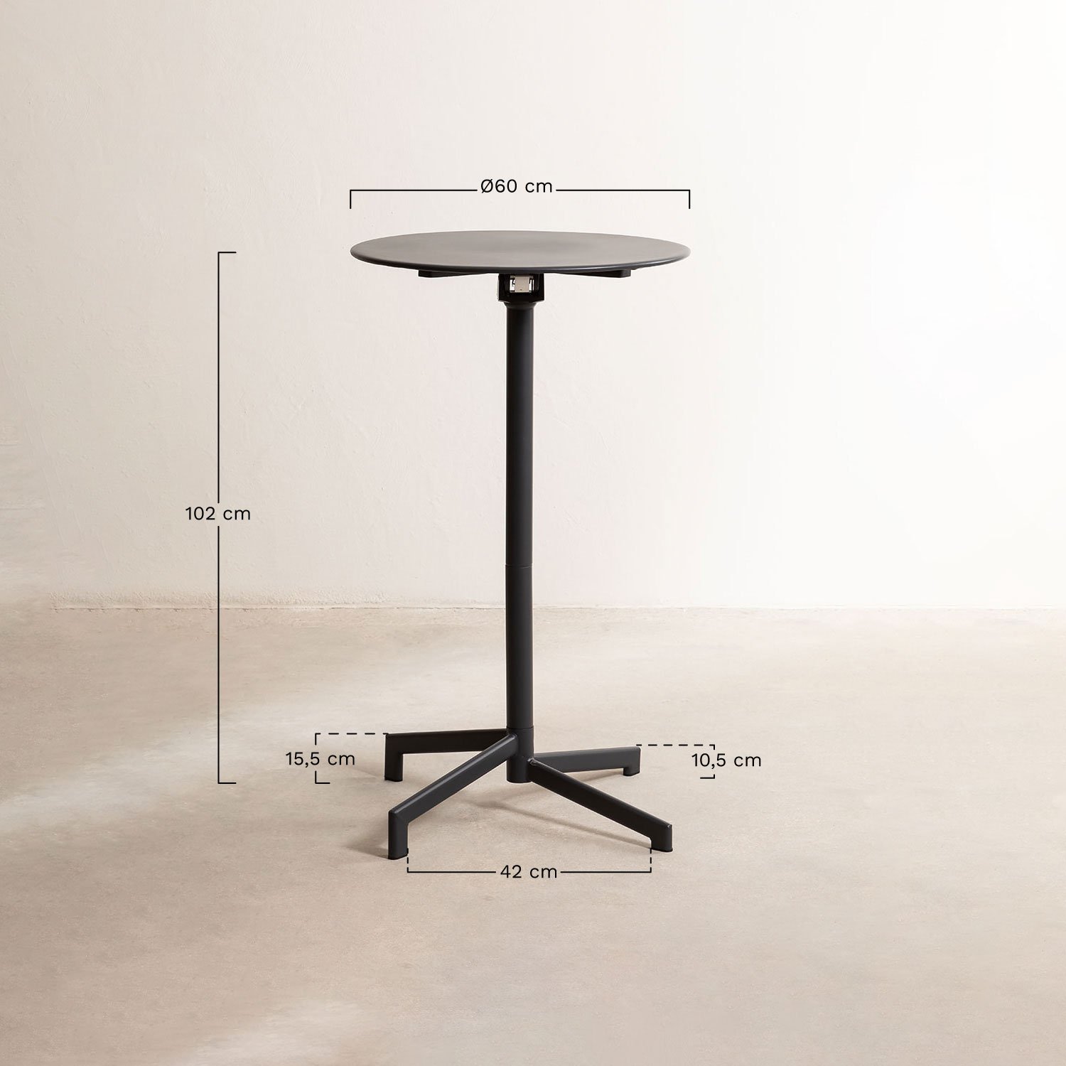 Round bar table Ø60 cm foldable and convertible into 2 heights in steel Dely, MEASURES