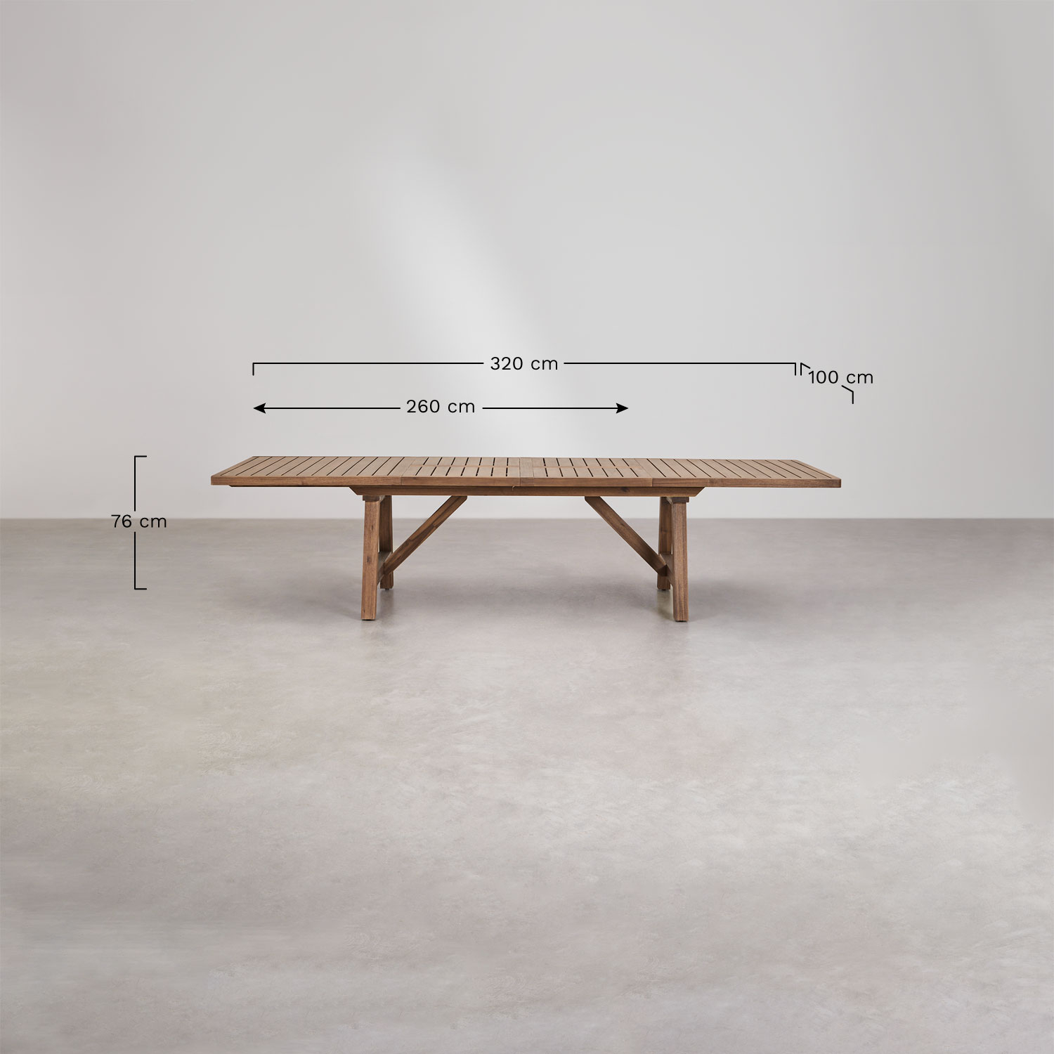 Rectangular dining table 200-260-320x75 cm extendable in Dubai acacia wood, MEASURES
