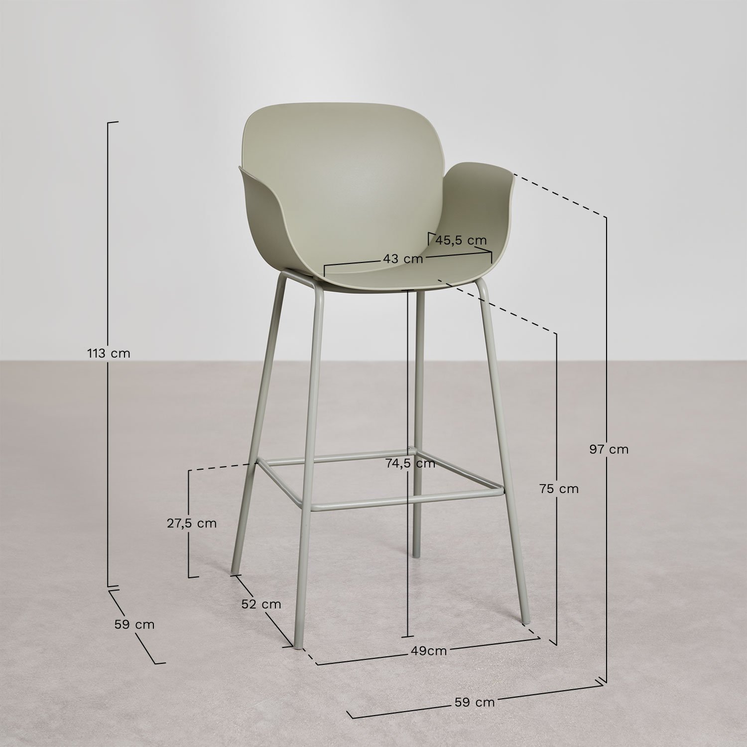 Pack of 2 Lynette high garden stools in polypropylene and iron, MEASURES