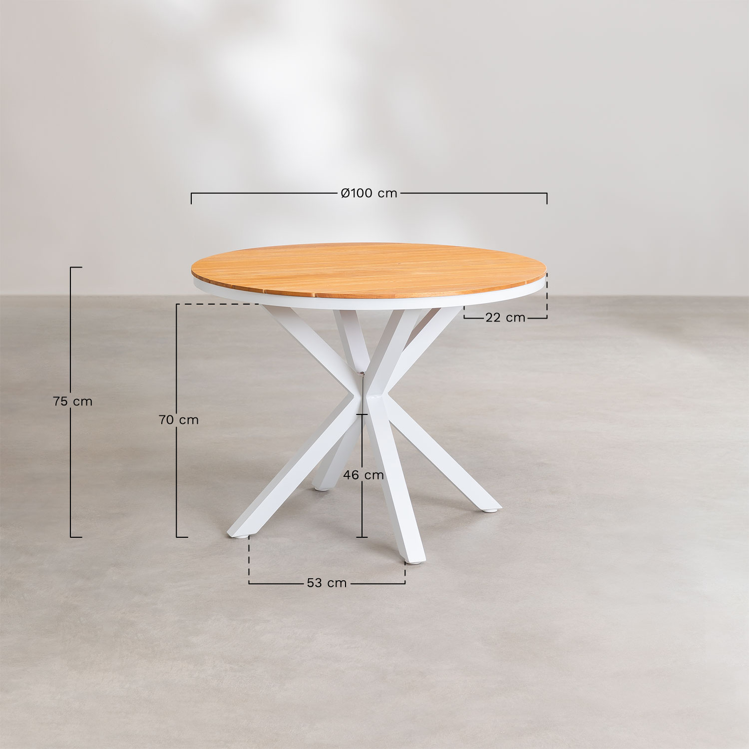 Round table set Ø100 cm in eucalyptus wood and 4 stackable aluminum garden chairs Archer, MEASURES