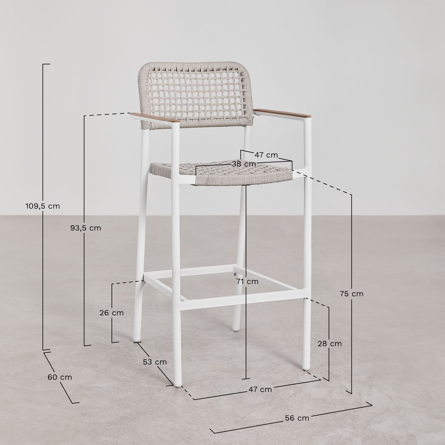 Pack of 2 Nediam high garden stools with armrests in aluminum and braided rope, MEASURES