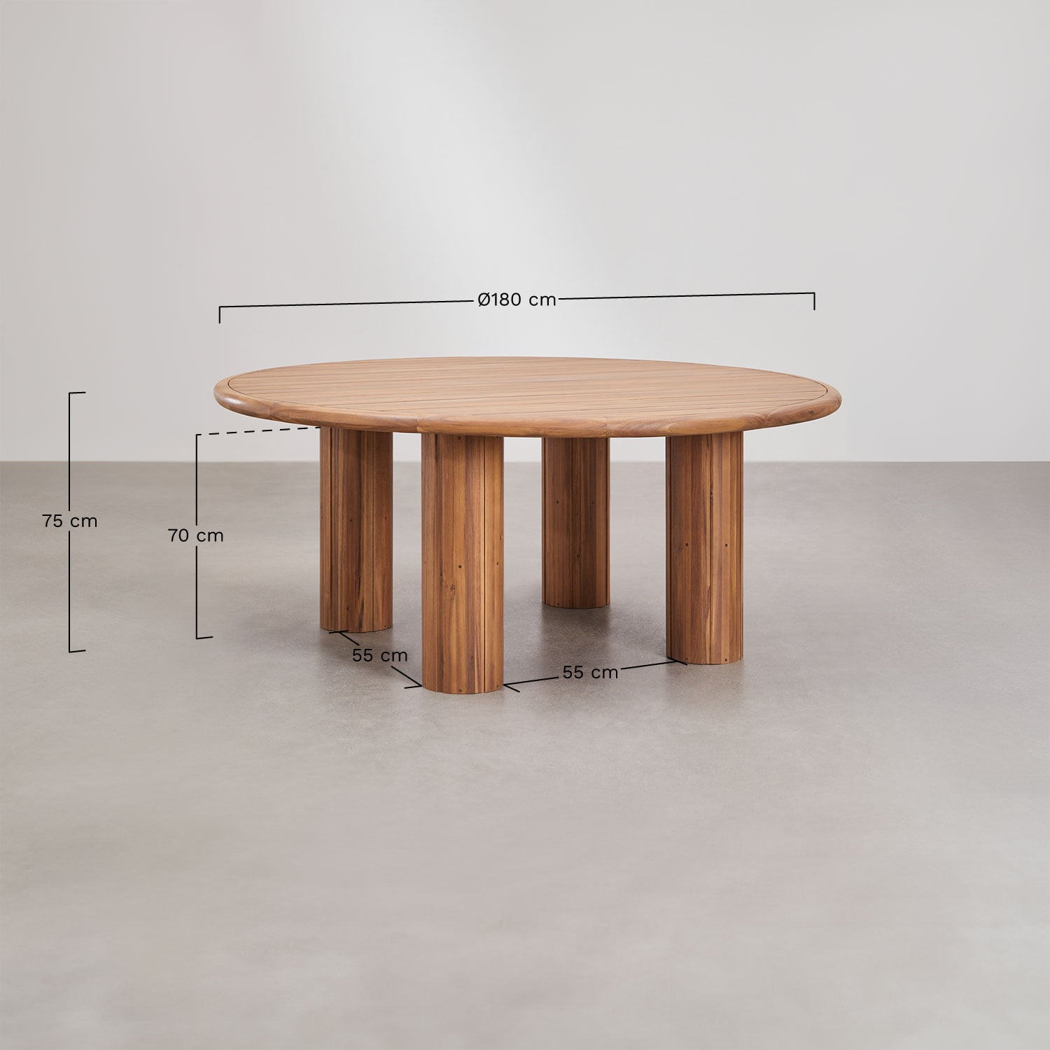 Round table set Ø180 cm in acacia wood and 10 garden chairs in acacia wood and synthetic rattan Ginara, MEASURES