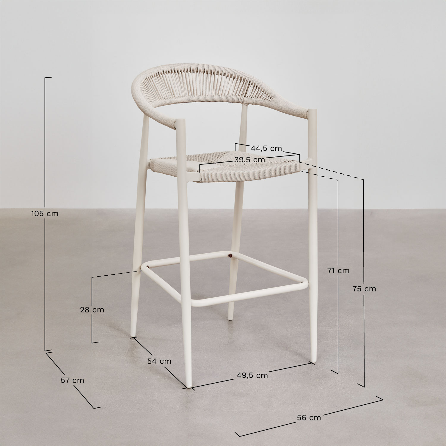 Amatria high garden stool in aluminium and braided rope, MEASURES