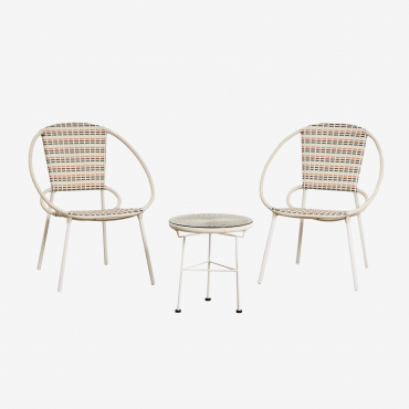 Living Room Set With 2 Armchairs And Side Table In Iron And Synthetic Wicker Maryland Tapioca Beige - Sklum