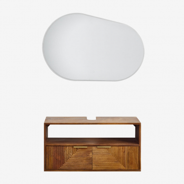 Baty Suspended Bathroom Furniture Set In Mango Wood Dark Handle Wood & Without Sink & Oval Led And Anti-fog 100x80 Cm Riben & Without Tap - Sklum
