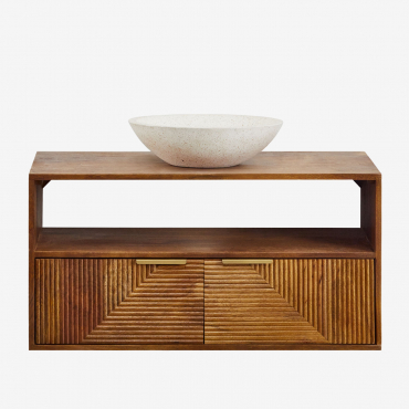 Mango Wood Bathroom Furniture Set Baty Mango Wood & Round Cement White Ø40 Cm Zavion & Mirrorless & Without Tap - Sklum