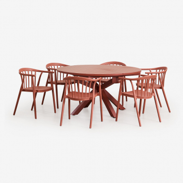 Set Of 145-200x145 Cm Round Extendable Table In Barces Aluminium And 6 Stackable Garden Chairs With Ivor Armrests Terracota - Sklum