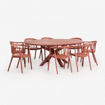 Set Of 145-200x145 Cm Round Extendable Table In Barces Aluminium And 10 Stackable Dining Chairs With Ivor Armrests Terracota - Sklum