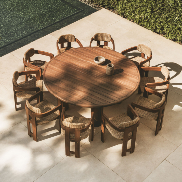Round Table Set Ø180 Cm In Danara Acacia Wood And 10 Garden Chairs In Acacia Wood And Synthetic Rattan Ginara Acacia Brown - Sklum