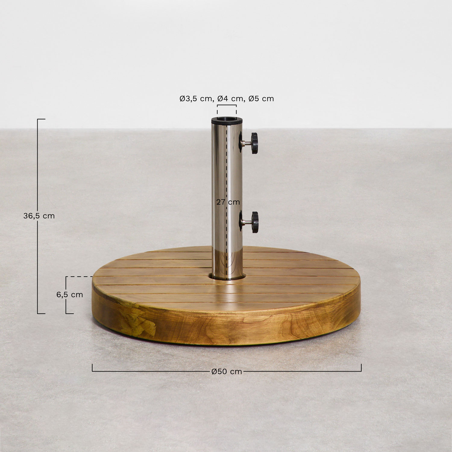 Round umbrella base Ø50 cm in Canco wood, MEASURES