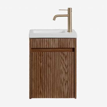 Bathroom Furniture Set With Integrated Sink Narek Dark Brown Wood & Mirrorless & Golden ↑20 Cm With Drain Valve Without Overflow - Sklum