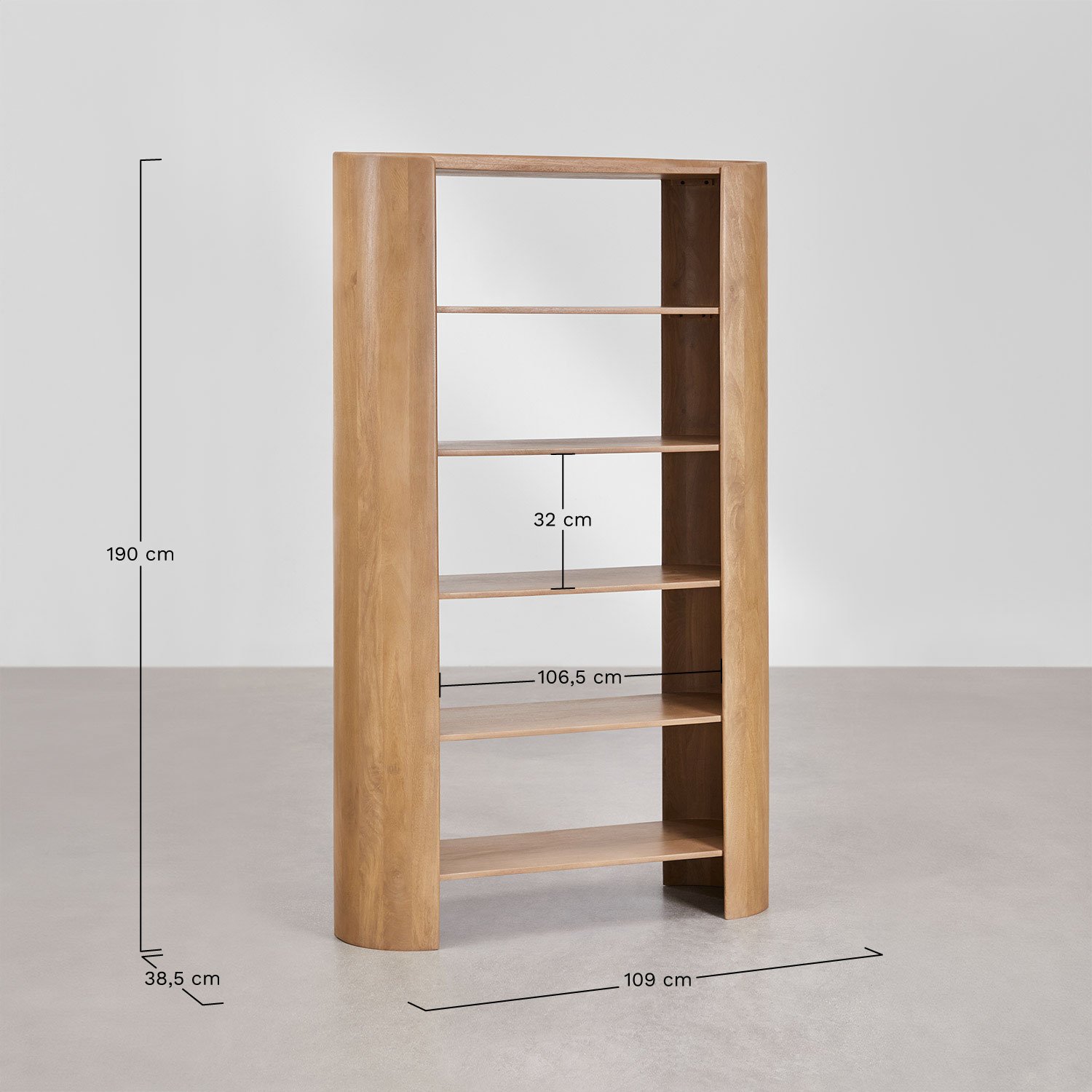 Sidney 6-shelf mango wood bookcase 110x190 cm, MEASURES