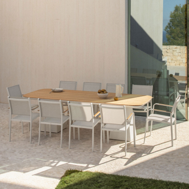 Rectangular Table Set 260x110 Cm In Aluminum And Teak Wood Inkeri And 10 Stackable Aluminum Archer Garden Chairs Teak Wood - Sklum