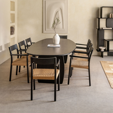 Set Of 260x120 Cm Oval Table In Agathe Mango Wood And 8 Mara Oak Dining Chairs Plain Black - Sklum