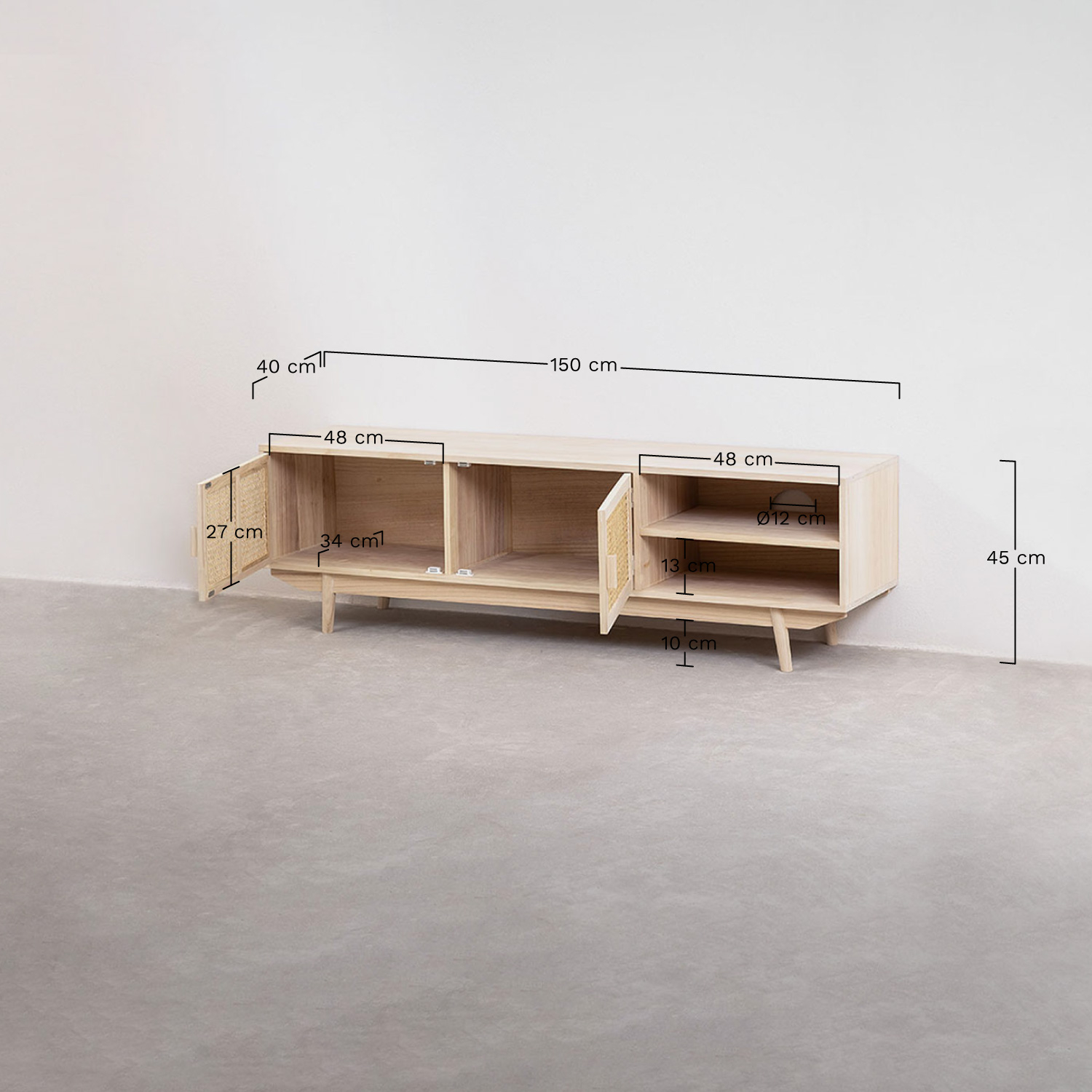 Ralik wooden TV cabinet 150x40 cm, MEASURES