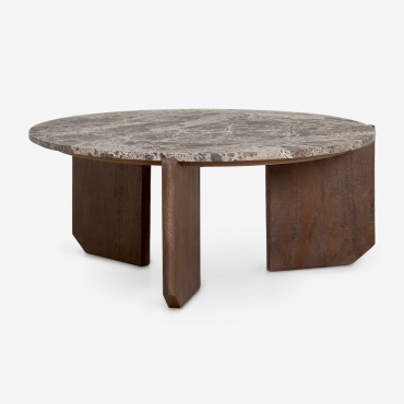 Lavinia Round Coffee Table In Natural Stone And Mango Wood Brown Marble Emperador & Dark Handle Wood & Ø70 Cm - Sklum