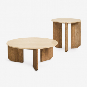 Set Of 2 Round Coffee Tables In Natural Stone And Mango Wood Lavinia Travertine & Natural Wood - Sklum