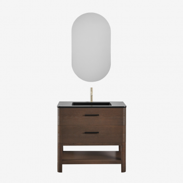 Bathroom Furniture Set In Wood With Integrated Sink Misene Dark Brown Wood & Oval With Storage Black 50x90 Cm Oricsa & Golden ↑20 Cm - Sklum