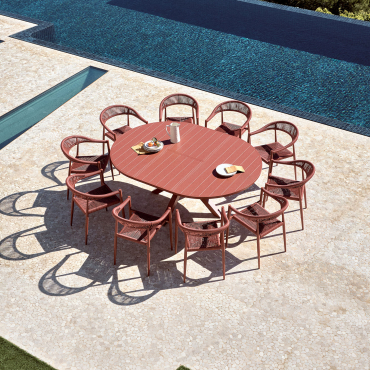 [*] Barces Round Extendable Table Set 145-200x145 Cm And 10 Stackable Garden Chairs With Armrests In Amatria Aluminum Red Roof Tile - Sklum